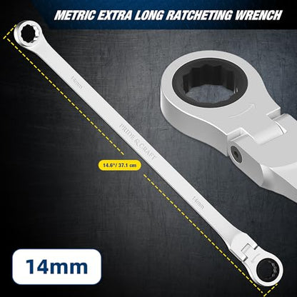 PRIDE&CRAFT Extra Long Ratcheting Wrench 14mm, Metric Flex Head Double Box End, 2X Longer Wrenches, Chrome Vanadium Steel with 90-Tooth Ratchet for Automotive Repair - size: 14mm