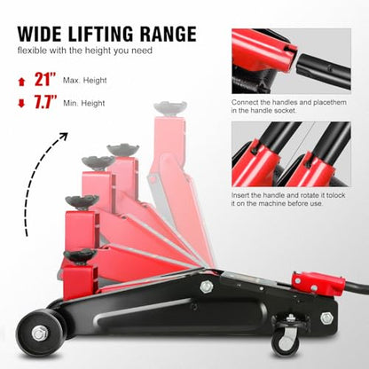 DNA Motoring 3 Ton Low Profile Floor Jack, 3 tons (6000 lbs) Capacity Fast Lift Hydraulic Trolley Service/Floor Jack, 7.7-21" Lifting Range, Red, TOOLS-00674-RD - color: Red, style: 3 ton