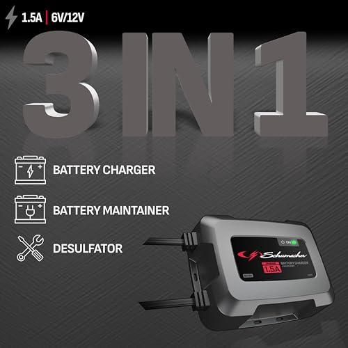 Schumacher Electric 1.5A Onboard Car Battery Charger and Maintainer, 3-in-1 Solution, for 6V/12V Power Sport, Automotive, and Marine Batteries, SC1587
