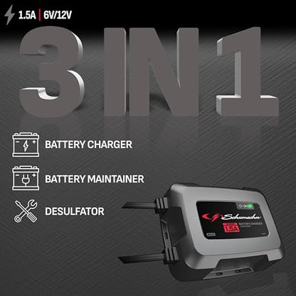 Schumacher Electric 1.5A Onboard Car Battery Charger and Maintainer, 3-in-1 Solution, for 6V/12V Power Sport, Automotive, and Marine Batteries, SC1587