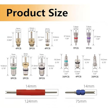 102Pcs Air Conditioning Valve Core Accessories Kit, Includes 100Pcs R12 R134a Valve Core Refrigeration Tire Valve Stem Cores with 2Pcs Remover Tool for Most Cars