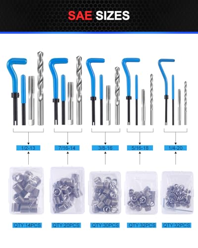 Kolvoii Helicoil Thread Repair Kit 320-Piece, Metric & SAE HSS Drill Bits Tap Set, Spark Plug Engine Stud Insert for Automotive Rethreading Restorer Tool | Restore damaged threads with stainless steel inserts, drill bits and taps for automotive, engine an