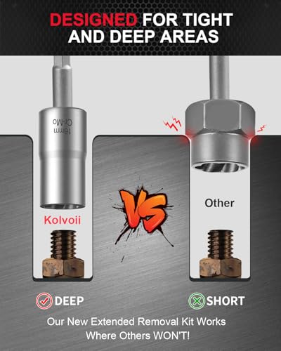 Kolvoii 16-Piece 1/2" Drive Bolt Extractor Kit & Nut Extractor Socket Set | Lug nut removal tool with deep extractor sockets; reverse spiral flutes grip damaged bolts and rounded nuts - size: 16 PCS