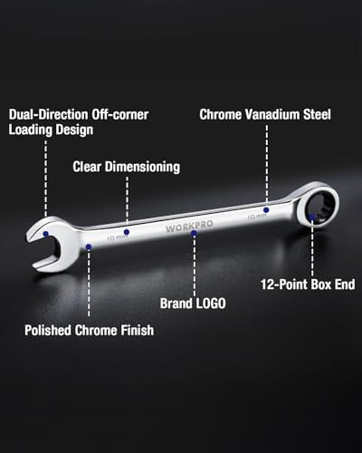 WORKPRO 10 mm Ratcheting Combination Wrench Metric, CR-V Constructed with Mirror Polish Chrome Plating, 12-Point Design, 15-Degree Offset - size: 10 mm, style: Mirror Polish