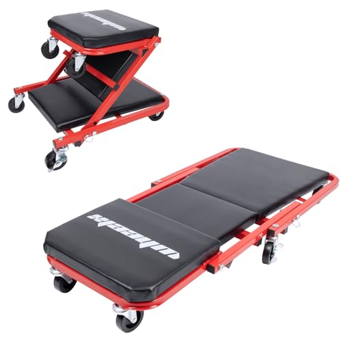 Mechanic Creeper 36 Inches 2-in-1 Z Seat with Brake, 340 lbs Capacity, Foldable Garage Chair Adjustable Rolling Folding with 6 pcs Wheels Roller, Lay Down or Sit Under Car Auto Repair Red Black - color: Red & Black