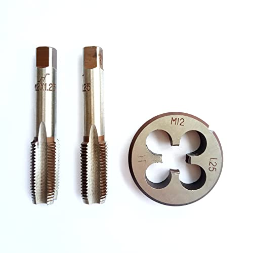 AtticZone M12 x 1.25 Metric Hand Thread Tap and Die Set, Right Hand 12 * 1.25, Alloy Tool Steel, 1 Taper Tap, 1 Plug Tap, 1 Round Die for Metal Working DIY Industrial - size: M12x1.25