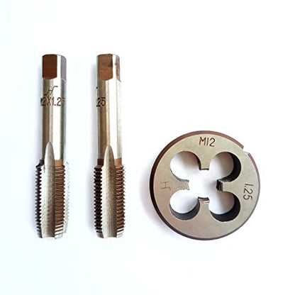 AtticZone M12 x 1.25 Metric Hand Thread Tap and Die Set, Right Hand 12 * 1.25, Alloy Tool Steel, 1 Taper Tap, 1 Plug Tap, 1 Round Die for Metal Working DIY Industrial - size: M12x1.25