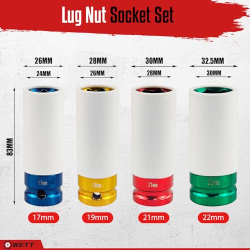 WETT 4Pcs 1/2 Inch Lug Nut Socket Set, Wheel Protector Thin Wall Deep Impact Socket, CR-V Steel, 6 Point, Metric, 17mm, 19mm, 21mm, 22mm, Plastic Socket Lug Nut - size: 4Pcs Metric