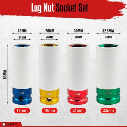 WETT 4Pcs 1/2 Inch Lug Nut Socket Set, Wheel Protector Thin Wall Deep Impact Socket, CR-V Steel, 6 Point, Metric, 17mm, 19mm, 21mm, 22mm, Plastic Socket Lug Nut - size: 4Pcs Metric