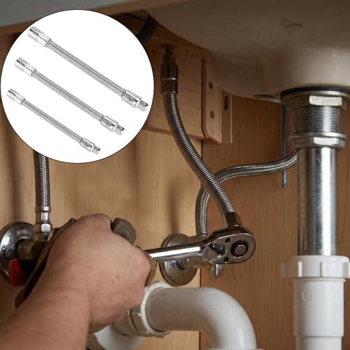 3pcs Flexible Shaft Socket Extension Extender Set, 1/4" 3/8" 1/2" Drive Bendable High Torque Chrome Vanadium Iron Extension Connecting Rods for Impact Wrench Automotive Repair & Tight Spaces Access - color: Silvery