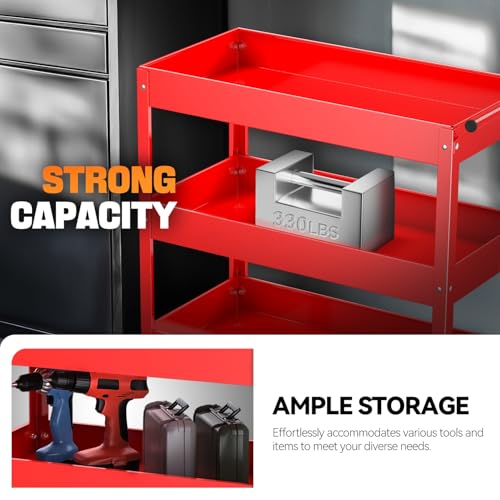Auto Dynasty 3-Tier Rolling Service Cart 330 lbs Capacity Tool Cart on Wheels Heavy Duty Utility Cart for Warehouse, Garage and Mechanic Work, Red - size: 330lbs