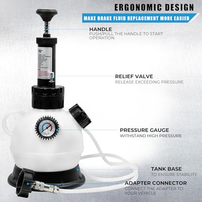 SMOTIVEPRO 2L Manual Brake Bleeder Fluid Pump, One Man Professional Brake Bleeder Kit Suitable for Most European Brake Mast Cylinder Reservoirs - size: with 45MM adapter(for most European models)