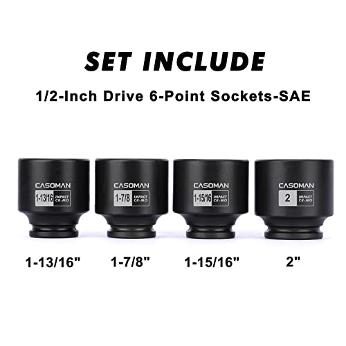 CASOMAN 1/2'' Drive Spindle Axle Nut Impact Socket Set, 6 Point, CR-MO,1-13/16, 1-7/8, 1-15/16, 2 inch, 4PC 1/2-Inch Impact Socket Set, Heavy Duty Use In Removing And Installing Axle Nuts - size: 4PCS(1-13/16 Inch - 2 Inch), style: Shallow