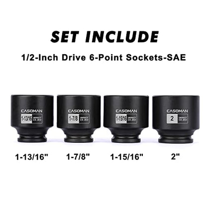 CASOMAN 1/2'' Drive Spindle Axle Nut Impact Socket Set, 6 Point, CR-MO,1-13/16, 1-7/8, 1-15/16, 2 inch, 4PC 1/2-Inch Impact Socket Set, Heavy Duty Use In Removing And Installing Axle Nuts - size: 4PCS(1-13/16 Inch - 2 Inch), style: Shallow