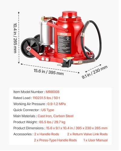 VEVOR Pneumatic Bottle Jack 50T Hydraulic Car Jack Lift Range 27-43cm Air Transmission Jack 110231lbs for Heavy Duty Vehicles - size: 50T Air Hydraulic