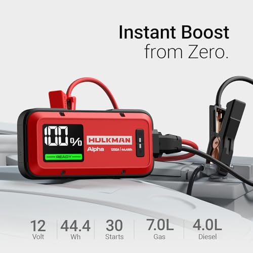 Hulkman Alpha Ultra Red, 1250A 44.4Wh Jump Starter, Power Without the Bulk, Car Battery Jump Starter & Jump Box with 2.9" Smart Display, 50-Min Full Charge, Jumper Cables for 7.0L Gas/4.0L Diesel - style: 1250A&44.4Wh