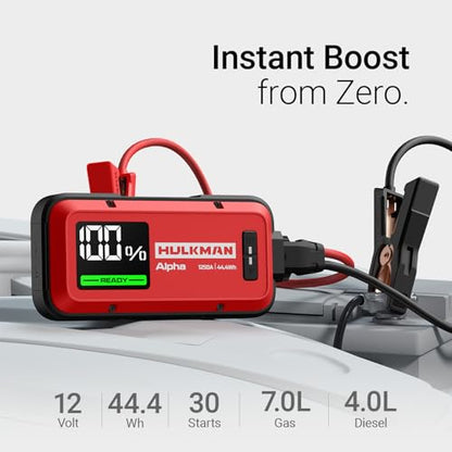 Hulkman Alpha Ultra Red, 1250A 44.4Wh Jump Starter, Power Without the Bulk, Car Battery Jump Starter & Jump Box with 2.9" Smart Display, 50-Min Full Charge, Jumper Cables for 7.0L Gas/4.0L Diesel - style: 1250A&44.4Wh
