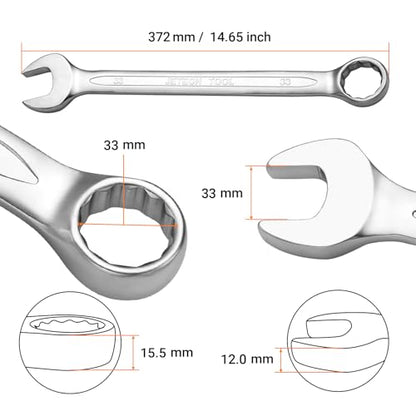 Jetech 33mm Combination Wrench, Metric 12-Point Chrome Vanadium Steel Spanner, Industrial Grade with 15-Degree Offset, Sand Blasted Finish, Heat-Treated Forged Tool - size: 33mm