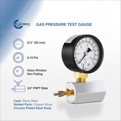 Gas Test Pressure Gauge 15 Pound, 15 PSI / 100 kPa, 3/4” FNPT Connection, Brass Valve, Chrome Plated Steel Body Assembly. - size: 3/4" FNPT 0-15 psi, style: Chrome Plated Steel