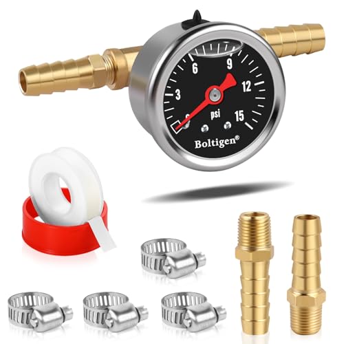 Boltigen Fuel Pressure Gauge, 0-15psi Fuel Pressure Gauge Kit, Glycerin Filled Fuel Pressure Regulator with Gauge for Car, 1/8'' NPT Inline Fuel Pressure Guage with 3/8'' 5/16'' Barb, Black - color: Black