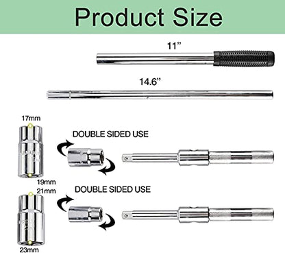 Toolly 23" Universal Extended Lug Wrench, 4 Way Tire Iron Nut Wrench Set with Storage Bag and Standard Sockets (17mm/19mm,21mm/23mm)