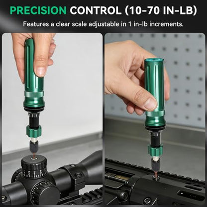 Inch Pound Torque Screwdriver Set, 24 Pcs Professional Precision 1/4” Drive Torque Wrench 10-70 in-lb S2 Bits Adapter for Maintenance Tools Bicycle Repair Scope Mounting DIY Projects, Audible Click - color: Green+black