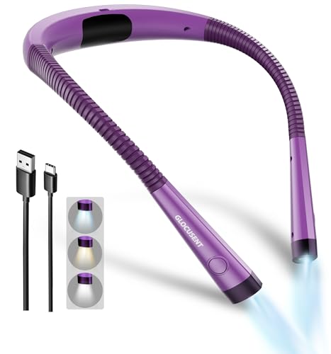Glocusent Book Light, 3-Color & 6-Brightness Reading Light, Bendable Neck Light, 80-hr Lasting Rechargeable Book Light, Perfect Reading Lights for Books in Bed, Knitting, Repairing, Book Lovers Gifts - color: Purple, size: Standard-Medium