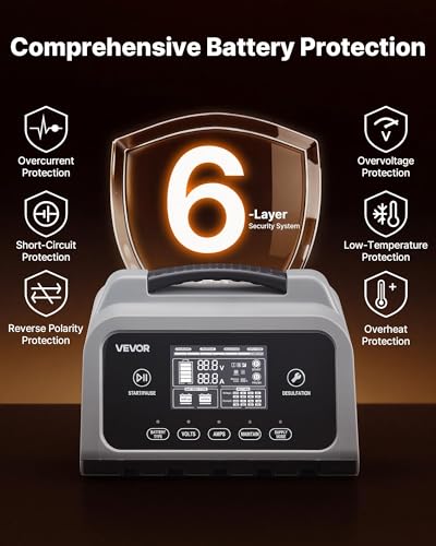 VEVOR Smart Battery Charger, 12A, 6V 12V 24V 36V 48V Lithium LiFePO4 Lead-Acid (Gel/AGM) Car Battery Charger, with LCD Display, Trickle Charging Maintainer Desulfator, for Car, Boat, Motorcycle