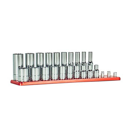 Capri Tools 1/4 in. Drive 12-Point Shallow and Deep Socket Set, SAE, 3/16 to 9/16 in., SAE, 20-Piece with Billet Aluminum Socket Rail - size: Shallow & Deep Set w. Rail / 3/16-9/16 in.