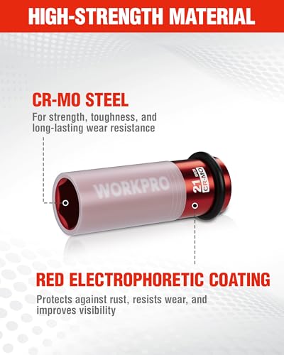 WORKPRO 1/2" Drive Lug Nut Impact Duty Socket, 21mm Deep Thin Wall Socket, Made of Premium Cr-Mo Steel, Non-Marring Lug Nut Wheel Sockets for Car - size: 1/2" DR x 21mm