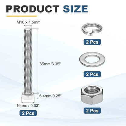 MECCANIXITY M10 x 85mm 304 Stainless Steel Hex Head Screws Bolts, Nuts, Flat & Lock Washers Assortment Kit, Fully Threaded, Bright Finish for Home, Electronic, Machine, 2 Sets - size: M10 x 85mm