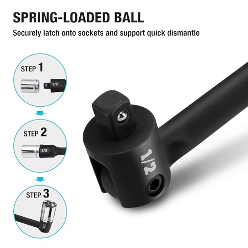 DURATECH 1/2" Drive 17.5-Inch Heavy Duty Breaker Bar with 240° Flex Head | Spring-loaded Detent Ball, CR-MO Head, Premium Black Phosphate Finish, Ideal for Industrial, Construction, and Mechanic Tasks - color: Black, size: 17.5 in
