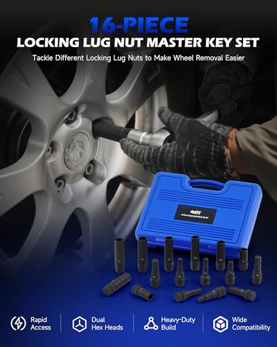 Orion Motor Tech 16pc Locking Lug Nut Master Key Set, SAE & Metric Wheel Lock Removal Kit for Removing Locking Spline Star Hex and Fluted Hex Lug Nuts, Lug Nut Remover Set for Mechanics and More