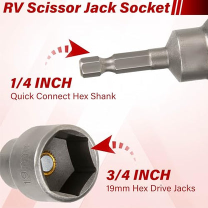 2 PCS RV Scissor Jack Socket, Magnetic RV Jack Socket Drill Adapter for 3/4 Inch (19mm) Hex Drive Compatible with 1/4 Inch Quick-Connect Shank, Stabilizer Tool for RVs, Travel Trailers & Trucks - size: 2 PCS