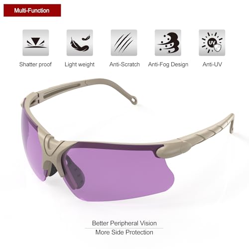 xaegistac Shooting Glasses with Case-Safety Glasses Anti Fog | Z87.1 Certificated Impact Resistance Safety Glasses for Hunting Shooting Sports - color: Purple Lens Khaki Frame