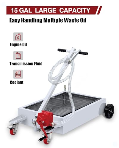 Garvee 15 Gallon Low Profile Oil Drain Pan with 8ft Hose, Rolling Oil Drain Cart with Folding T Handle, Heavy-Duty Waste Oil Evacuator for Car, Truck, Bus, RV, Garage | Rolling Oil Drain Cart with Folding T Handle, Heavy-Duty Waste Oil Evacuator for Car,