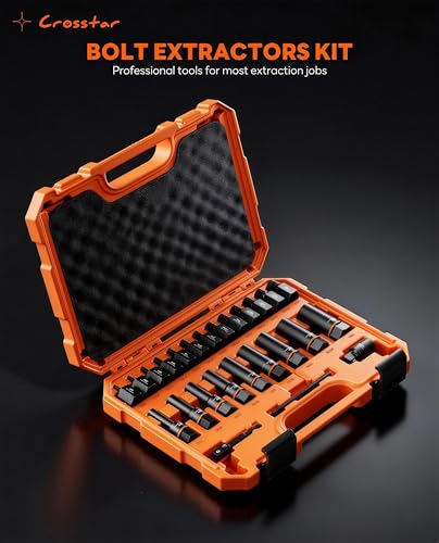 Crosstar 25PCS Bolt Extractor Kit, 3/8" Drive Screw & Nut Remover Set, Deep Socket for Stripped, Rusted, Broken Bolts, Includes Adapter, Extension Bar, Knockout Pin - size: Pro 25Pcs Set