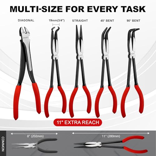 5PC 11" Long Reach Needle Nose Pliers Set | 5-piece 11" long reach needle nose pliers set with bent nose & hose gripper. 58HRC carbon steel for tight engine bays.