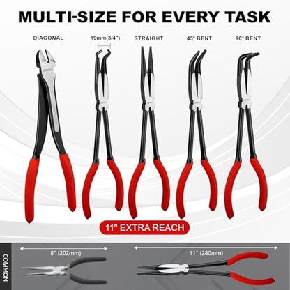 5PC 11" Long Reach Needle Nose Pliers Set | 5-piece 11" long reach needle nose pliers set with bent nose & hose gripper. 58HRC carbon steel for tight engine bays.