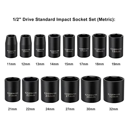 CASOMAN 14 Pieces 1/2-Inch Drive Shallow Impact Socket Set, Metric, 6-Point, 11mm to 32mm - size: 14 Pieces, Metric, Shallow, 1/2-Inch Drive