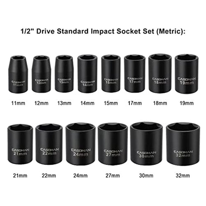 CASOMAN 14 Pieces 1/2-Inch Drive Shallow Impact Socket Set, Metric, 6-Point, 11mm to 32mm - size: 14 Pieces, Metric, Shallow, 1/2-Inch Drive