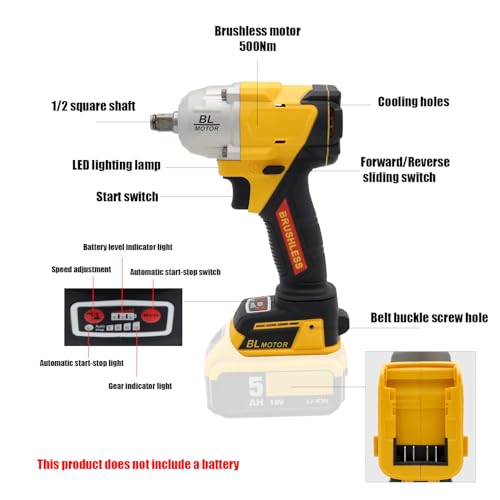 1/2 500Nm Cordless Impact Wrench, Brushless Wrench. (Body only, no battery included) - size: 1/2 500Nm
