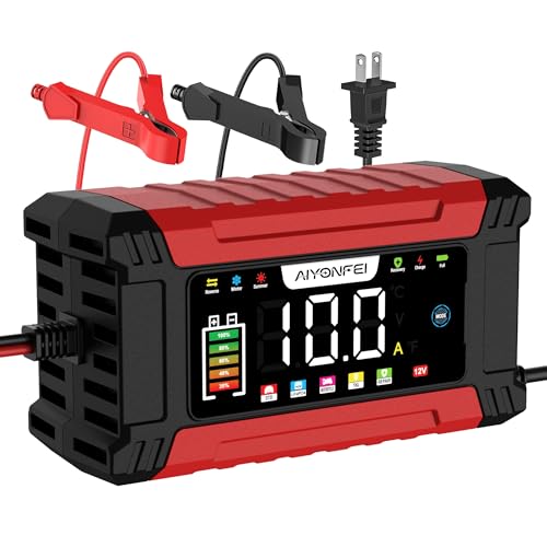 12V 10-Amp Battery Charger, 9 Stage Smart Trickle Charger Maintainer Red | Battery Desulfator, Memory Function, LED Screen, Temperature Compensation, for Car Truck Motorcycle Boat LiFePO4 Lead Acid