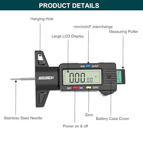 GODESON Tire Tread Depth Gauge, Digital Tire Tread Depth Gauge with 3 Modes-Fractional Inch, Decimal Inch and Millimeter, Tire Depth Gauge for Motorcycles, Cars, SUV, Easy to Read Tread Depth Gauge - color: Black