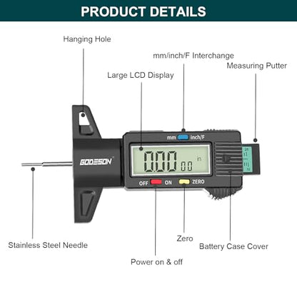 GODESON Tire Tread Depth Gauge, Digital Tire Tread Depth Gauge with 3 Modes-Fractional Inch, Decimal Inch and Millimeter, Tire Depth Gauge for Motorcycles, Cars, SUV, Easy to Read Tread Depth Gauge - color: Black