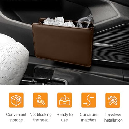 Car Trash Can, Auto Leather Trash Bin Garbage Organizer Holder with One Roll Trash Bag, Mini Foldable Dustbin Storage Bag Container, Multi-Function Trash Box for Car SUV (Brown) - color: Brown