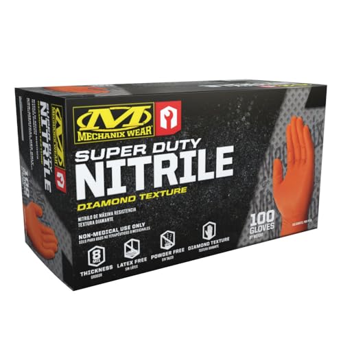 Mechanix Wear: 8 Mil Heavy Duty Nitrile Disposable Gloves, Latex Free, Powder Free, Nitrile Rubber Gloves with Textured Grip, 100 pack, Cleaning and Mechanic Work Gloves (Orange 8 mil, Medium)