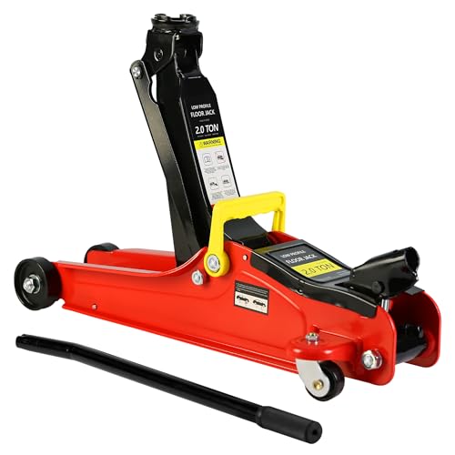 2T Low Profile Steel Floor Jack, 4000 lb, Single Pump, 3.3"-15.2" Lift, Red | Heavy-duty steel construction. Single piston quick lift pump. Low profile design. Safety overload protection. - size: 2T Single Pump 3.3"-15.2"(Red)