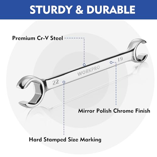 WORKPRO 4-Piece Flare Nut Wrench Set, Metric Brake Line Wrenches 10, 12, 13, 14, 15, 17, 19, 22mm, Cr-V Steel, 15° Offset Head Tubing Wrench, Organizer Pouch Included - size: Metric