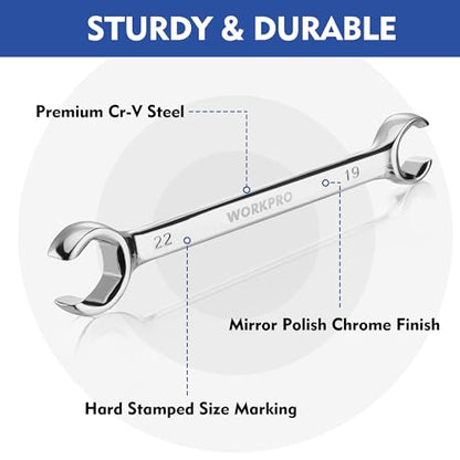 WORKPRO 4-Piece Flare Nut Wrench Set, Metric Brake Line Wrenches 10, 12, 13, 14, 15, 17, 19, 22mm, Cr-V Steel, 15° Offset Head Tubing Wrench, Organizer Pouch Included - size: Metric
